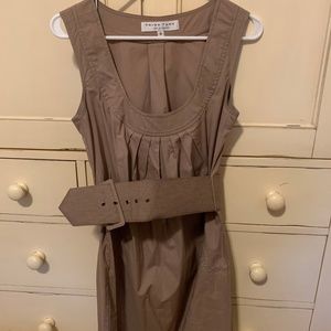 Trina Turk: Tan belted dress with scoop neck